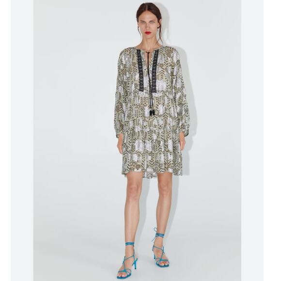 Zara Printed Metallic Boho Beaded Mini Dress Medium - Picture 1 of 12